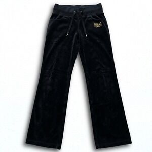 Everlast Sport Black Velour Wide Leg Track Pants Women Small Gold Logo Y2K Flare